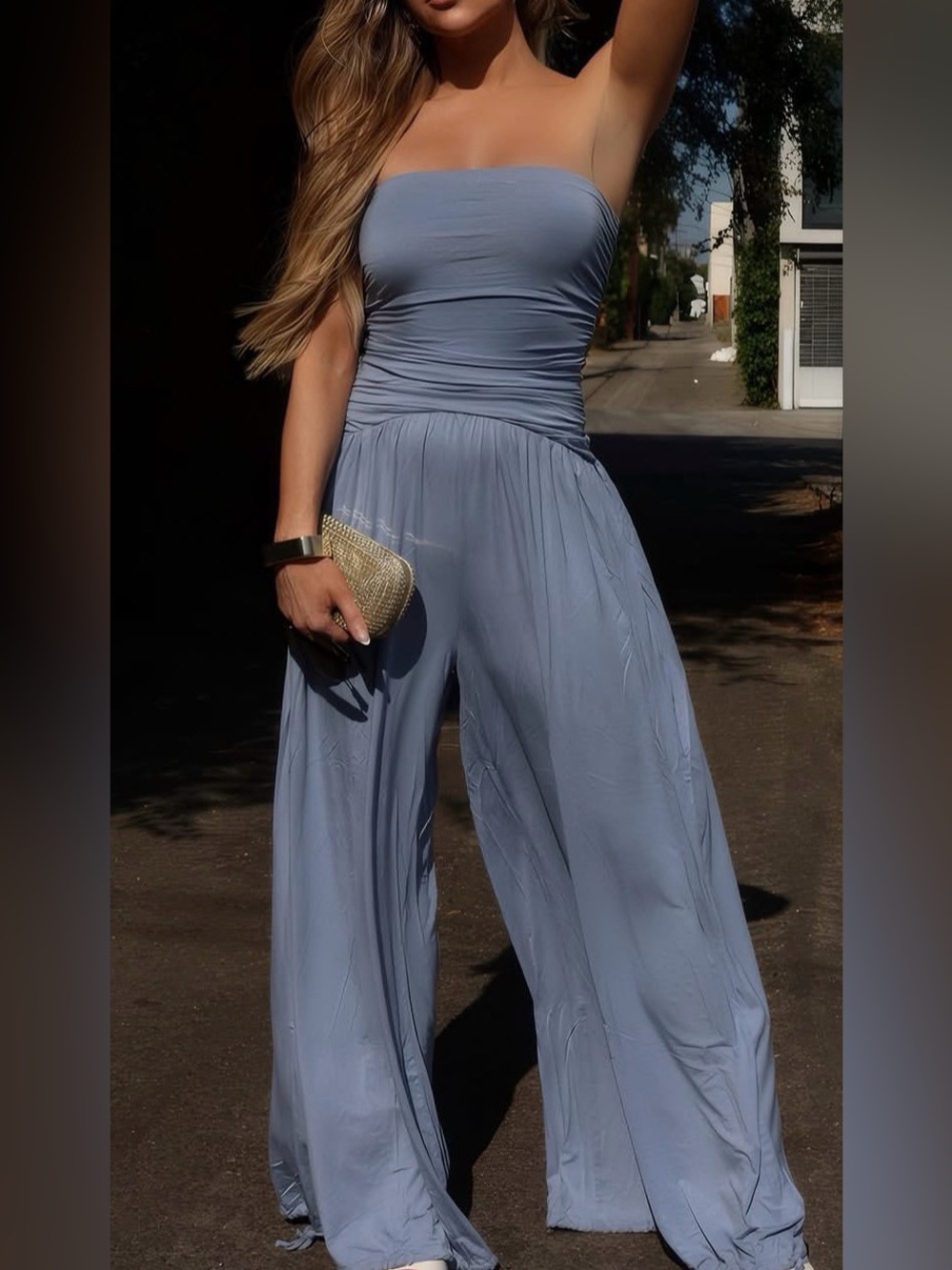 See you Monday Strapless Wide-Leg Jumpsuit in Dusty Blue women’s large
